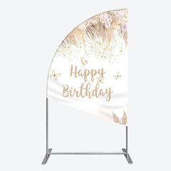 Aperturee - Aperturee Elegant Boho Happy Birthday Half Moon Arch Backdrop with Pampas Grass Roses and Butterflies