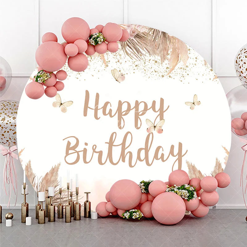Aperturee - Aperturee Elegant Boho Happy Birthday Round Backdrop featuring Pampas Grass Blush Roses and Gold Glitter Butterflies.