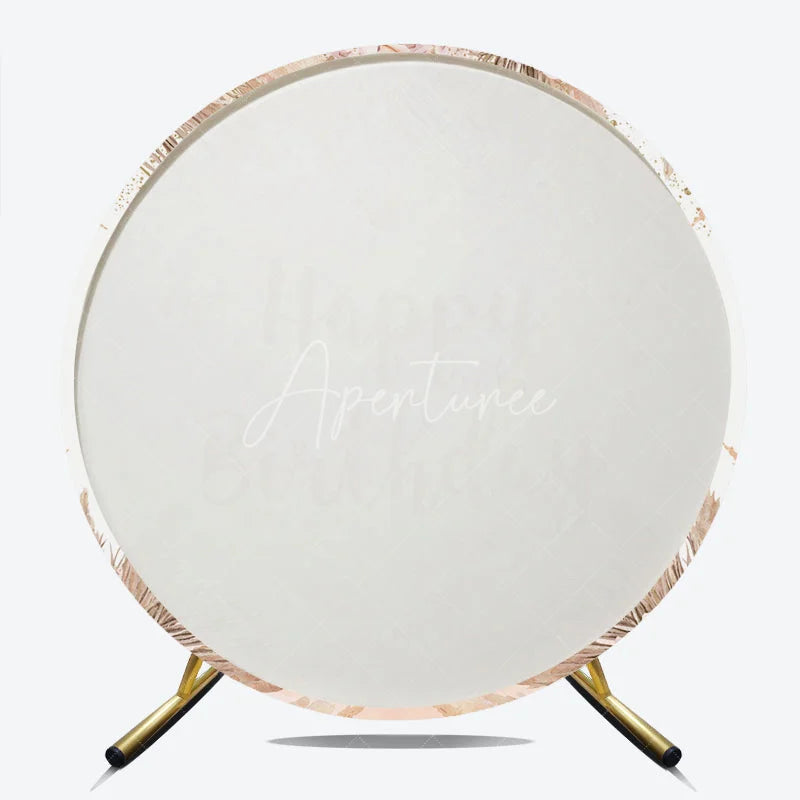 Aperturee - Aperturee Elegant Boho Happy Birthday Round Backdrop featuring Pampas Grass Blush Roses and Gold Glitter Butterflies.