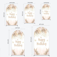 Aperturee - Aperturee Elegant Boho Pink Floral Happy Birthday Round Top Arch Backdrop featuring Pampas Grass and Gold Glitter