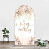 Aperturee - Aperturee Elegant Boho Pink Floral Happy Birthday Round Top Arch Backdrop featuring Pampas Grass and Gold Glitter