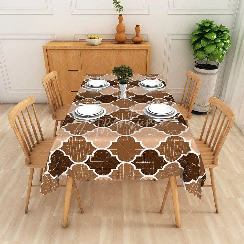 Aperturee - Aperturee Elegant Brown and White Moroccan Trellis Rectangle Tablecloth Rustic Distressed Geometric Home Kitchen Decor