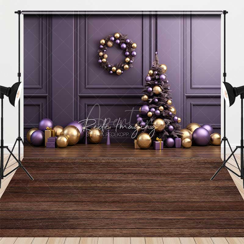 Aperturee - Aperturee Elegant Christmas and Floor Combo Set Backdrop Purple and Gold Ornaments with Xmas Tree Holiday Photo Prop