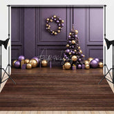 Aperturee - Aperturee Elegant Christmas and Floor Combo Set Backdrop Purple and Gold Ornaments with Xmas Tree Holiday Photo Prop