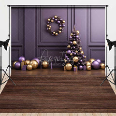 Aperturee - Aperturee Elegant Christmas and Floor Combo Set Backdrop Purple and Gold Ornaments with Xmas Tree Holiday Photo Prop
