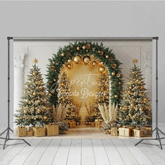 Aperturee - Aperturee Elegant Christmas Arch Photography Backdrop Gold Ornaments with Pampas Grass Modern Holiday Photo Background