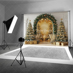 Aperturee - Aperturee Elegant Christmas Arch Photography Backdrop Gold Ornaments with Pampas Grass Modern Holiday Photo Background