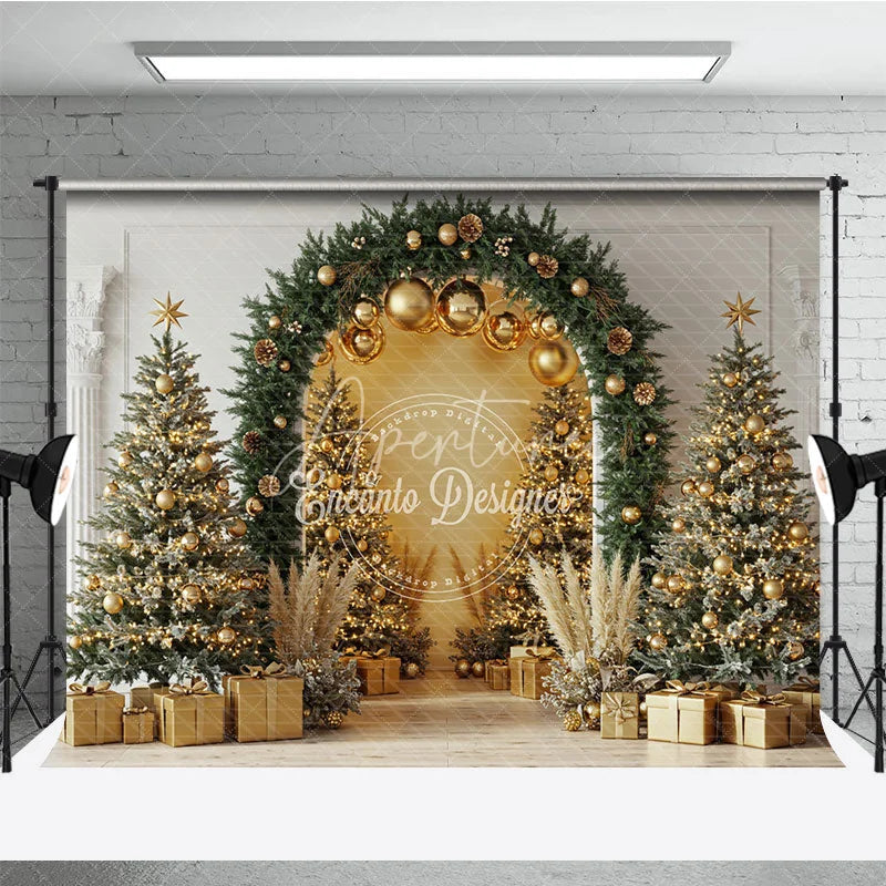 Aperturee - Aperturee Elegant Christmas Arch Photography Backdrop Gold Ornaments with Pampas Grass Modern Holiday Photo Background