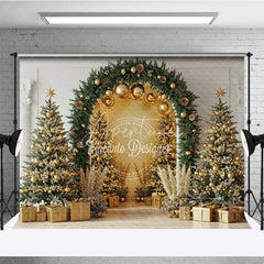 Aperturee - Aperturee Elegant Christmas Arch Photography Backdrop Gold Ornaments with Pampas Grass Modern Holiday Photo Background