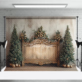 Aperturee - Aperturee Elegant Christmas Backdrop Vintage Gold Bench with Xmas Trees Rustic Farmhouse Holiday Photo Booth Props