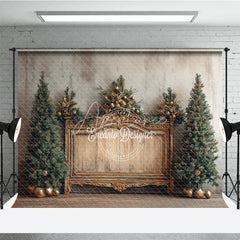 Aperturee - Aperturee Elegant Christmas Backdrop Vintage Gold Bench with Xmas Trees Rustic Farmhouse Holiday Photo Booth Props