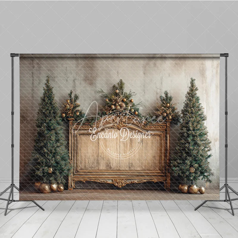 Aperturee - Aperturee Elegant Christmas Backdrop Vintage Gold Bench with Xmas Trees Rustic Farmhouse Holiday Photo Booth Props