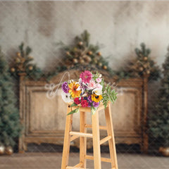 Aperturee - Aperturee Elegant Christmas Backdrop Vintage Gold Bench with Xmas Trees Rustic Farmhouse Holiday Photo Booth Props