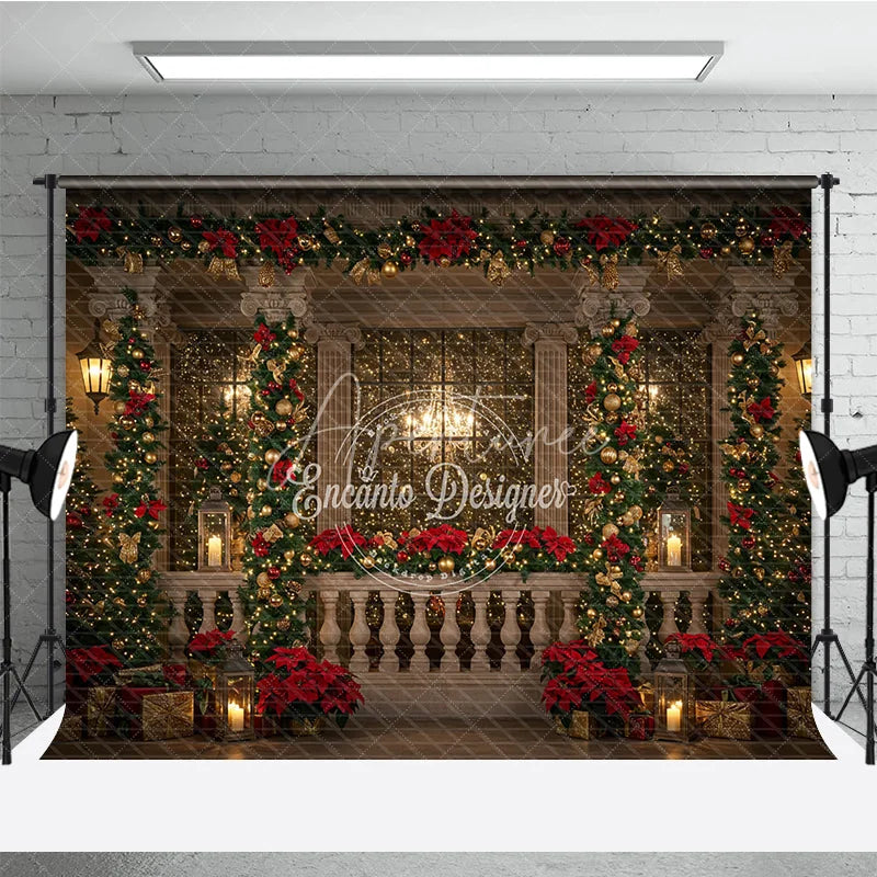 Aperturee - Aperturee Elegant Christmas Balcony Photography Backdrop Columns with Poinsettia Garland Holiday Fairy Lights Photo Background