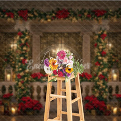 Aperturee - Aperturee Elegant Christmas Balcony Photography Backdrop Columns with Poinsettia Garland Holiday Fairy Lights Photo Background