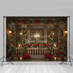 Aperturee - Aperturee Elegant Christmas Balcony Photography Backdrop Columns with Poinsettia Garland Holiday Fairy Lights Photo Background