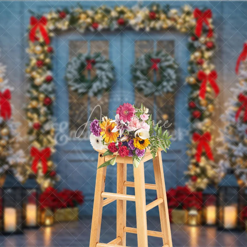 Aperturee - Aperturee Elegant Christmas Door Photography Backdrop Blue Door in Snow with Garland Winter Holiday Photo Background