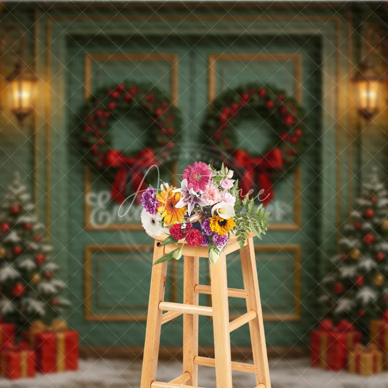 Aperturee - Aperturee Elegant Christmas Door Photography Backdrop Candy Cane Columns with Trees Holiday Front Porch Photo Background