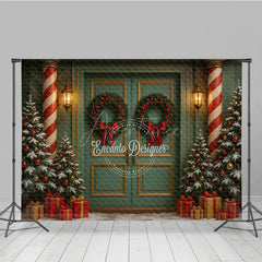 Aperturee - Aperturee Elegant Christmas Door Photography Backdrop Candy Cane Columns with Trees Holiday Front Porch Photo Background