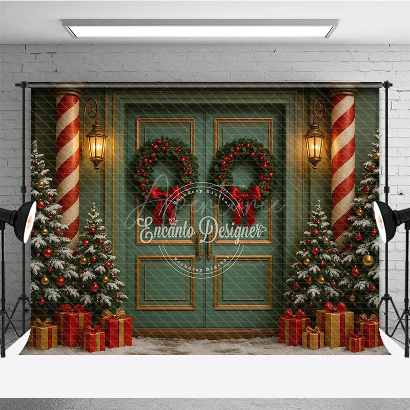 Aperturee - Aperturee Elegant Christmas Door Photography Backdrop Candy Cane Columns with Trees Holiday Front Porch Photo Background