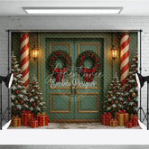 Aperturee - Aperturee Elegant Christmas Door Photography Backdrop Candy Cane Columns with Trees Holiday Front Porch Photo Background