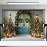 Aperturee - Aperturee Elegant Christmas Door Photography Backdrop Garland and Lanterns in Snow Holiday Mini Session Background