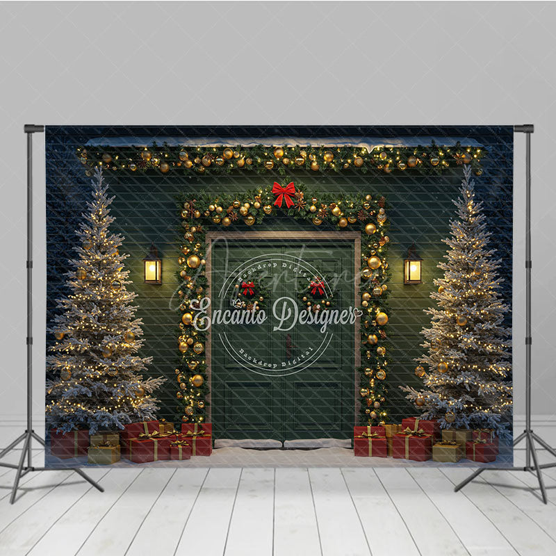 Aperturee - Aperturee Elegant Christmas Door Photography Backdrop Green Door with Gold Garland Snowy Holiday Photo Background