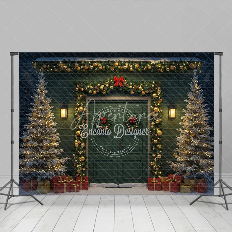 Aperturee - Aperturee Elegant Christmas Door Photography Backdrop Green Door with Gold Garland Snowy Holiday Photo Background