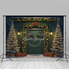 Aperturee - Aperturee Elegant Christmas Door Photography Backdrop Green Door with Gold Garland Snowy Holiday Photo Background