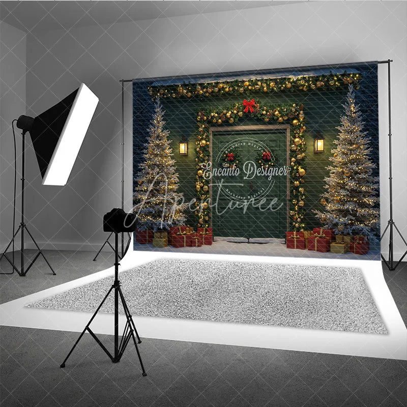 Aperturee - Aperturee Elegant Christmas Door Photography Backdrop Green Door with Gold Garland Snowy Holiday Photo Background