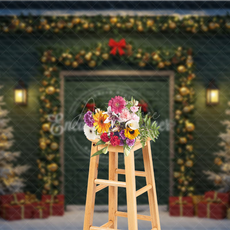 Aperturee - Aperturee Elegant Christmas Door Photography Backdrop Green Door with Gold Garland Snowy Holiday Photo Background
