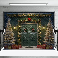 Aperturee - Aperturee Elegant Christmas Door Photography Backdrop Green Door with Gold Garland Snowy Holiday Photo Background