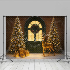 Aperturee - Aperturee Elegant Christmas Door Photography Backdrop Green Door with Gold Reindeer Snowy Holiday Mini Session Background