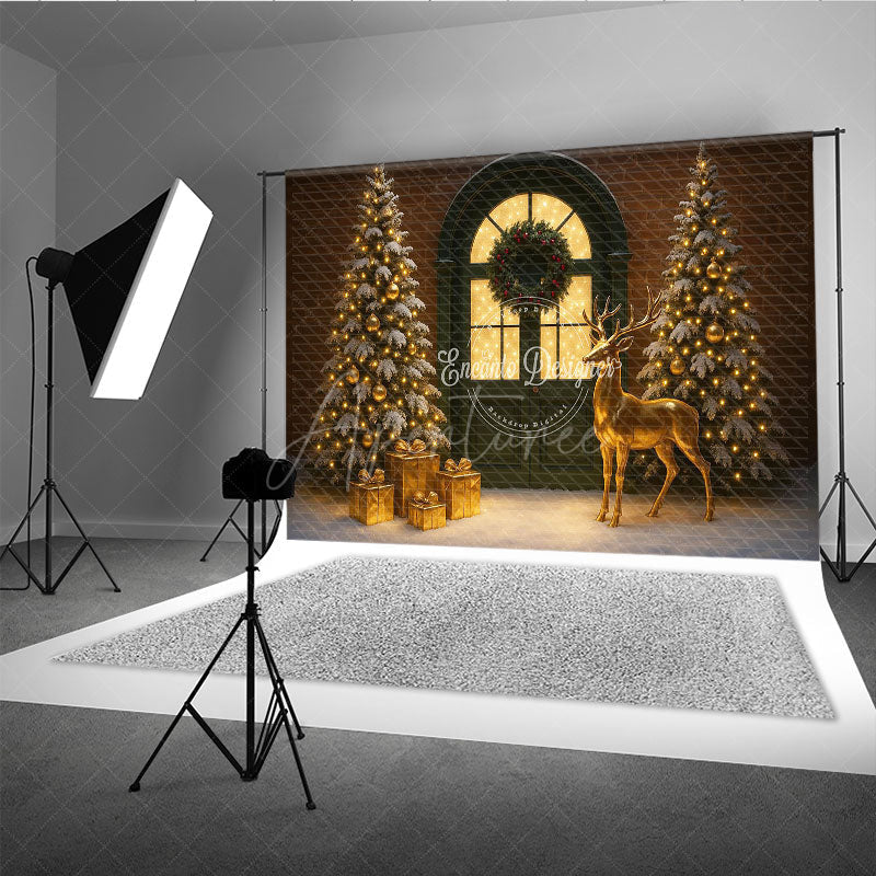 Aperturee - Aperturee Elegant Christmas Door Photography Backdrop Green Door with Gold Reindeer Snowy Holiday Mini Session Background