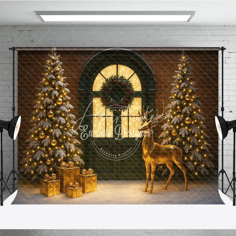 Aperturee - Aperturee Elegant Christmas Door Photography Backdrop Green Door with Gold Reindeer Snowy Holiday Mini Session Background