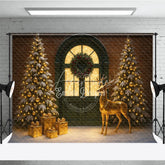 Aperturee - Aperturee Elegant Christmas Door Photography Backdrop Green Door with Gold Reindeer Snowy Holiday Mini Session Background