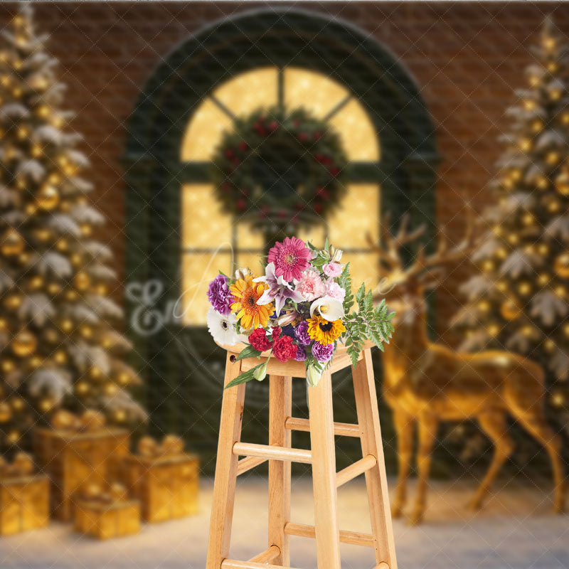 Aperturee - Aperturee Elegant Christmas Door Photography Backdrop Green Door with Gold Reindeer Snowy Holiday Mini Session Background