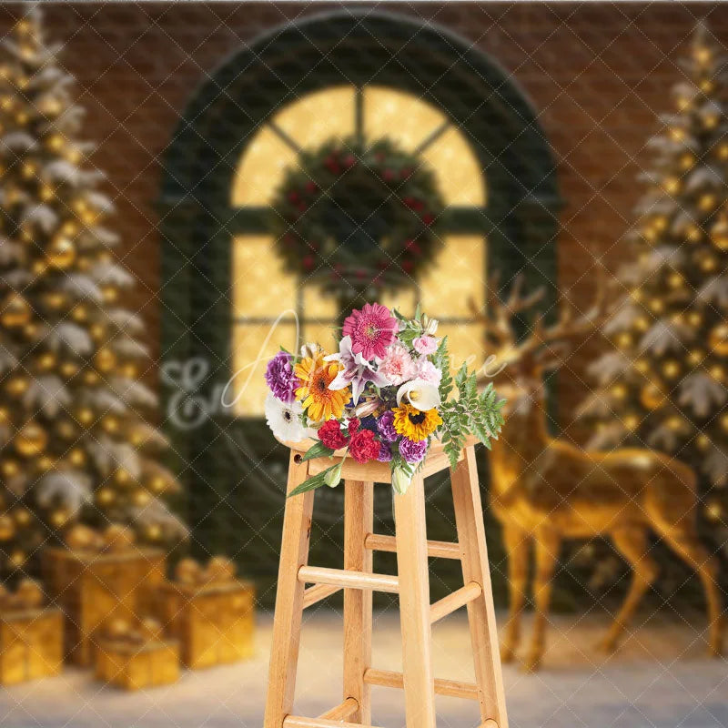 Aperturee - Aperturee Elegant Christmas Door Photography Backdrop Green Door with Gold Reindeer Snowy Holiday Mini Session Background