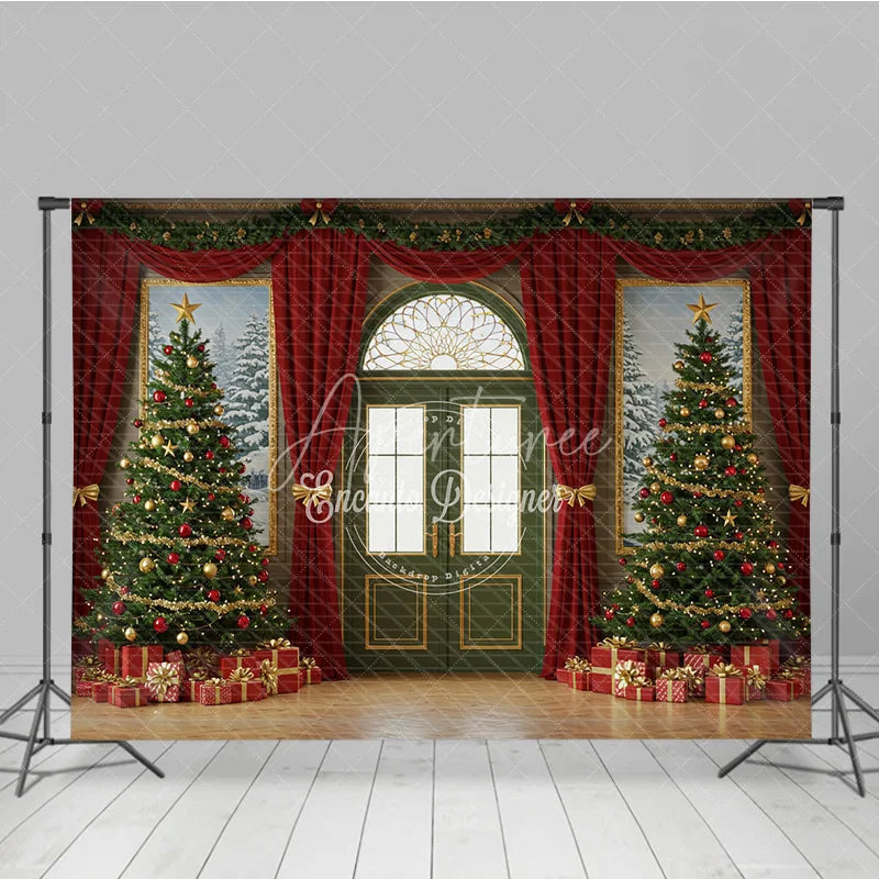 Aperturee - Aperturee Elegant Christmas Door Photography Backdrop Green Door with Red Curtains Classic Holiday Photo Background