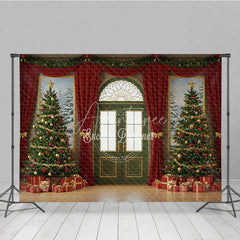 Aperturee - Aperturee Elegant Christmas Door Photography Backdrop Green Door with Red Curtains Classic Holiday Photo Background