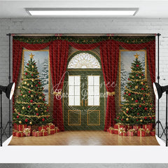 Aperturee - Aperturee Elegant Christmas Door Photography Backdrop Green Door with Red Curtains Classic Holiday Photo Background
