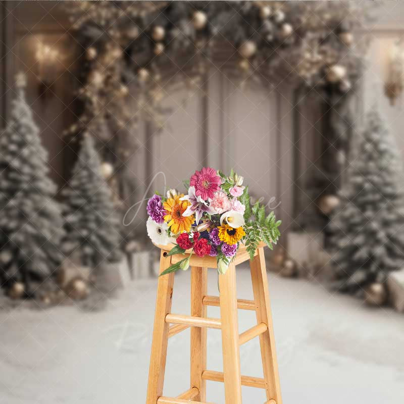 Aperturee Aperturee Elegant Christmas Doorway Photography Backdrop Frosted Trees and Gifts in Snow Silver and Gold Holiday Decor Prop
