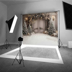 Aperturee Aperturee Elegant Christmas Doorway Photography Backdrop Frosted Trees and Gifts in Snow Silver and Gold Holiday Decor Prop