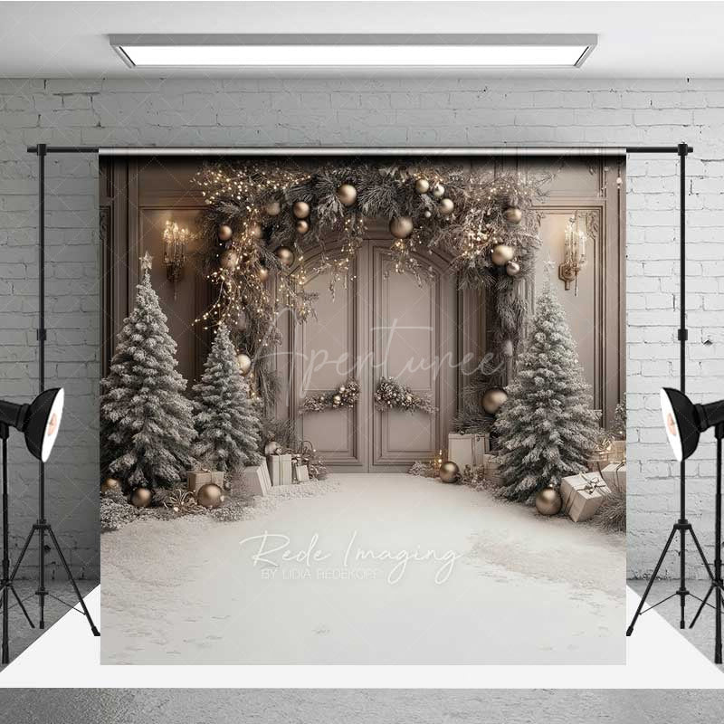 Aperturee Aperturee Elegant Christmas Doorway Photography Backdrop Frosted Trees and Gifts in Snow Silver and Gold Holiday Decor Prop