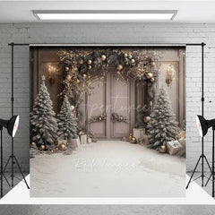 Aperturee Aperturee Elegant Christmas Doorway Photography Backdrop Frosted Trees and Gifts in Snow Silver and Gold Holiday Decor Prop