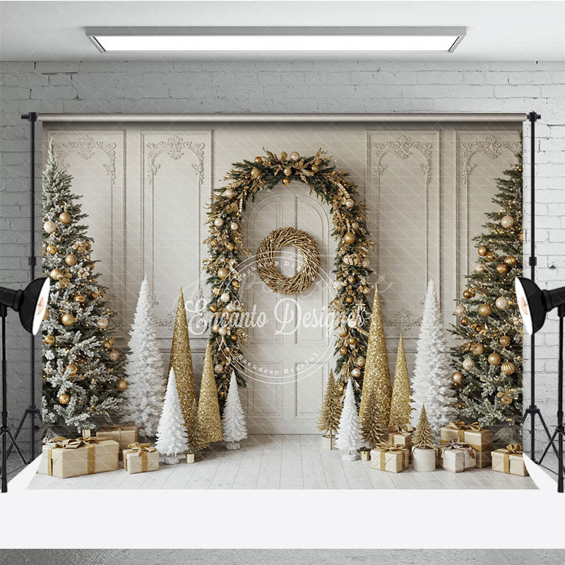Aperturee - Aperturee Elegant Christmas Doorway Photography Backdrop Gold Garland Arch with Flocked Trees Classic Holiday Photo Background