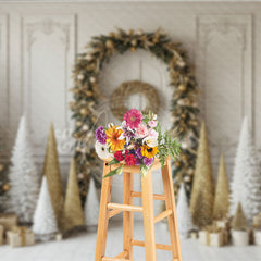 Aperturee - Aperturee Elegant Christmas Doorway Photography Backdrop Gold Garland Arch with Flocked Trees Classic Holiday Photo Background