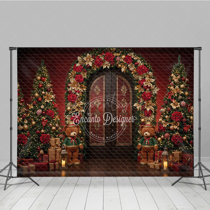 Aperturee - Aperturee Elegant Christmas Doorway Photography Backdrop Red and Gold Poinsettia Arch Holiday Photo Background with Bears