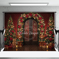 Aperturee - Aperturee Elegant Christmas Doorway Photography Backdrop Red and Gold Poinsettia Arch Holiday Photo Background with Bears