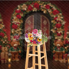 Aperturee - Aperturee Elegant Christmas Doorway Photography Backdrop Red and Gold Poinsettia Arch Holiday Photo Background with Bears